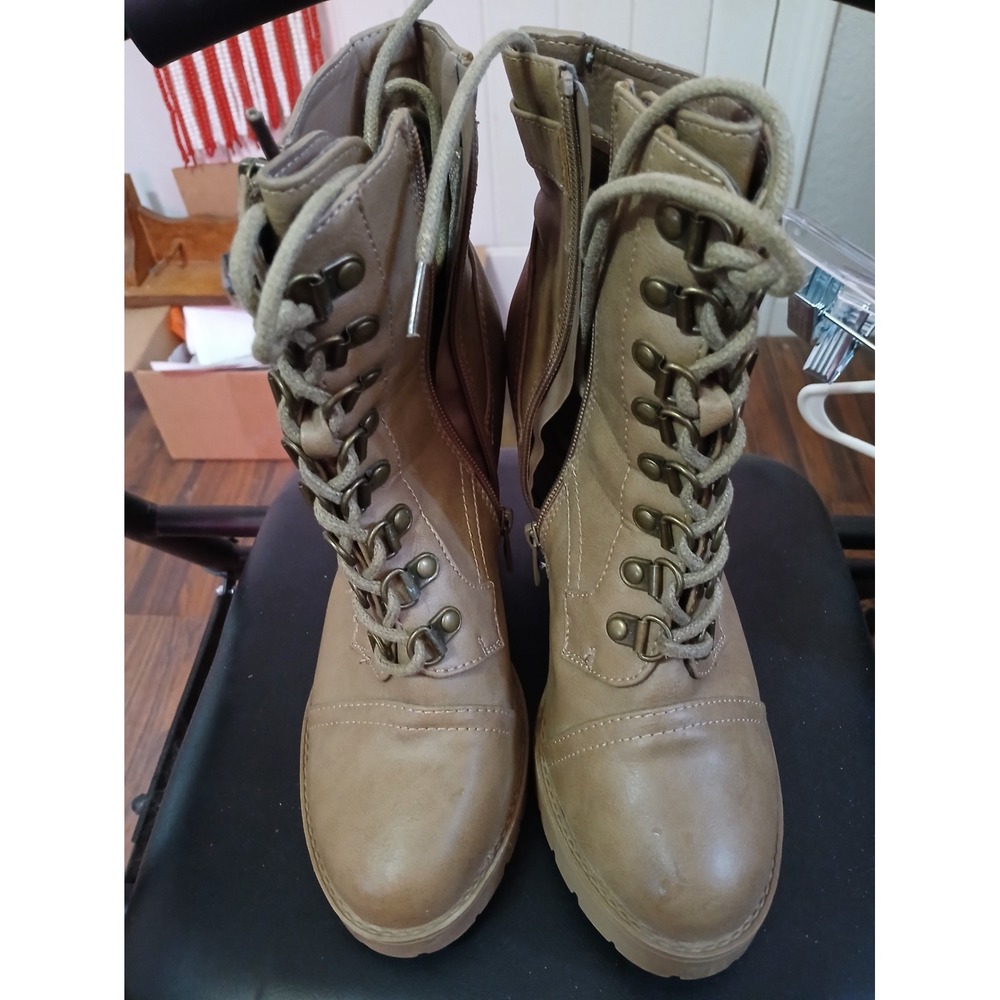 Womens Lace Up Ankle Boots Heeled Booties Tan Faux Leather Combat